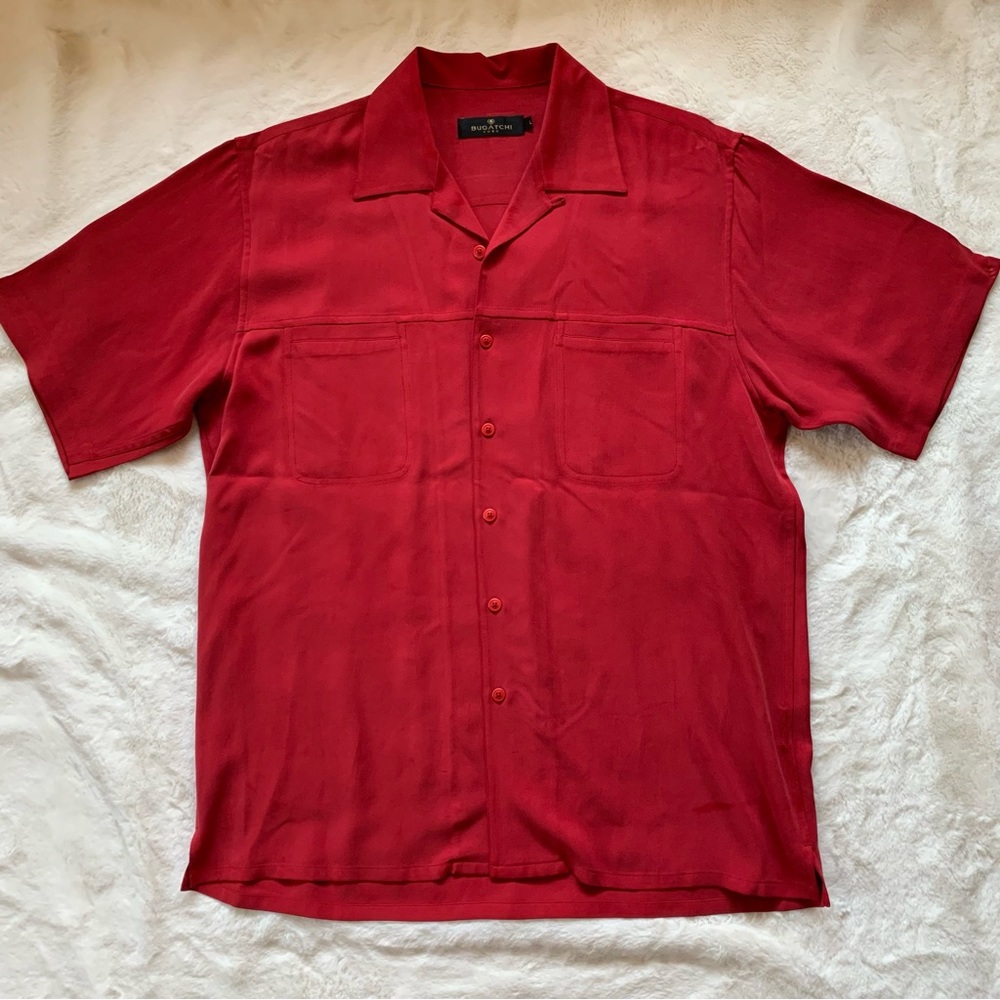 Bugatchi Uomo 100% Silk Short Sleeve Button-Up Dress Shirt RED LARGE